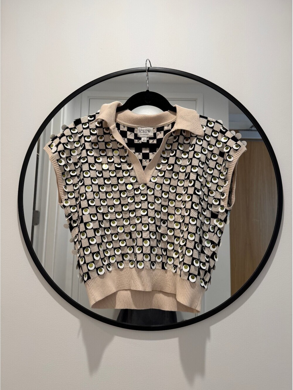 J.Crew Collection Sequin Johnny Collar Sweater Vest Black Cream Medium - Picture 2 of 7